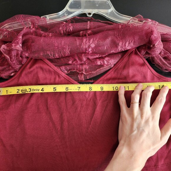 MIOU MUSE Y2K 90's Red Sheer Lace Long Sleeve Top Spaghetti Strap Camisole Small - Picture 7 of 12